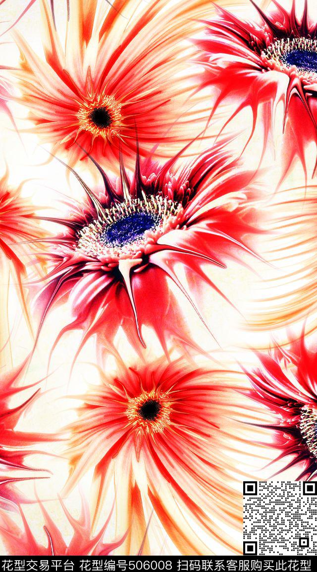 抽象大红花创意数码印花华亿平台下载（图片编号: 506008） - 瓦栏（Walan）