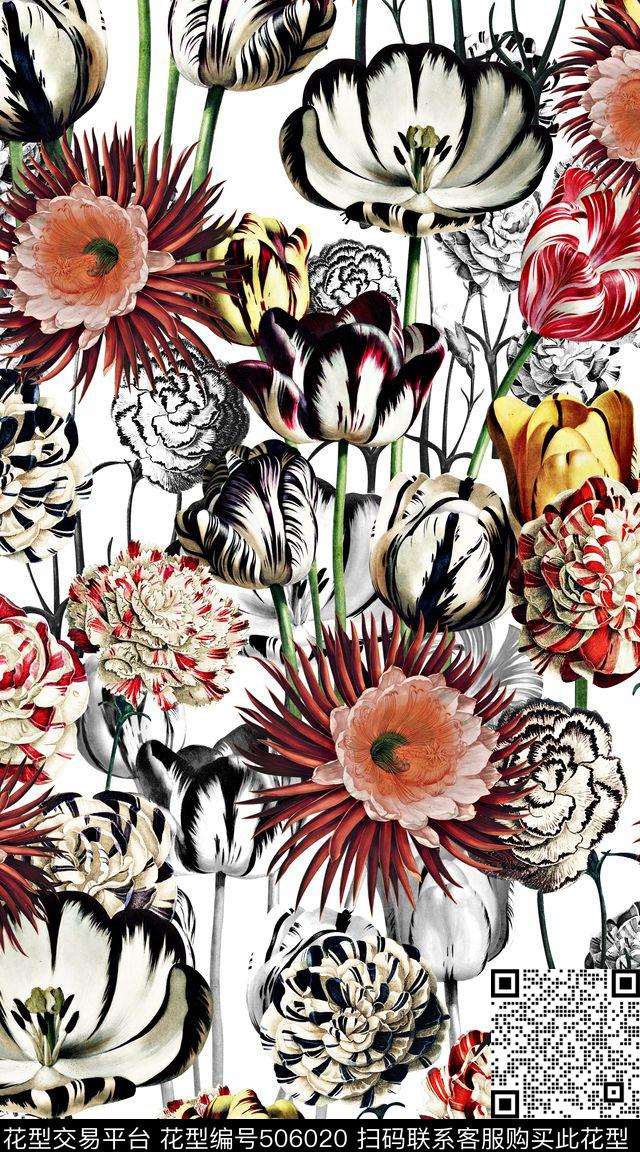 欧式花卉枝条数码印花华亿平台下载（图片编号: 506020） - 瓦栏（Walan）