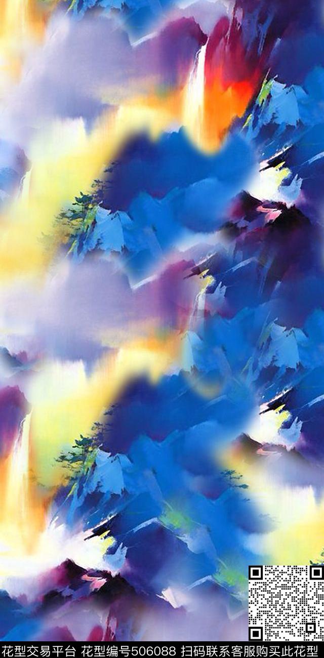 流行时尚水墨山水中国风数码印花华亿平台下载（图片编号: 506088） - 瓦栏（Walan）