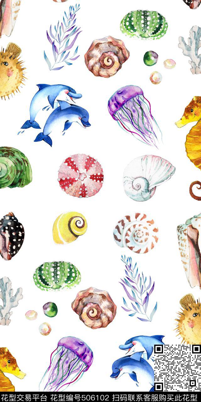 贝壳海马海豚数码印花华亿平台下载（图片编号: 506102） - 瓦栏（Walan）