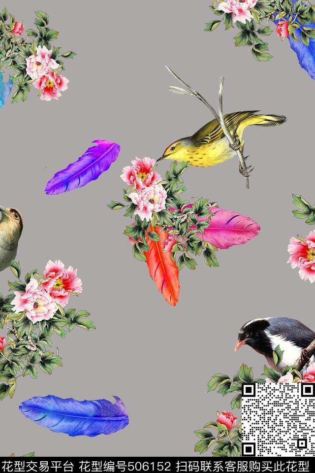 羽毛中国风花鸟旗袍华亿平台数码印花华亿平台下载（图片编号: 506152） - 瓦栏（Walan）
