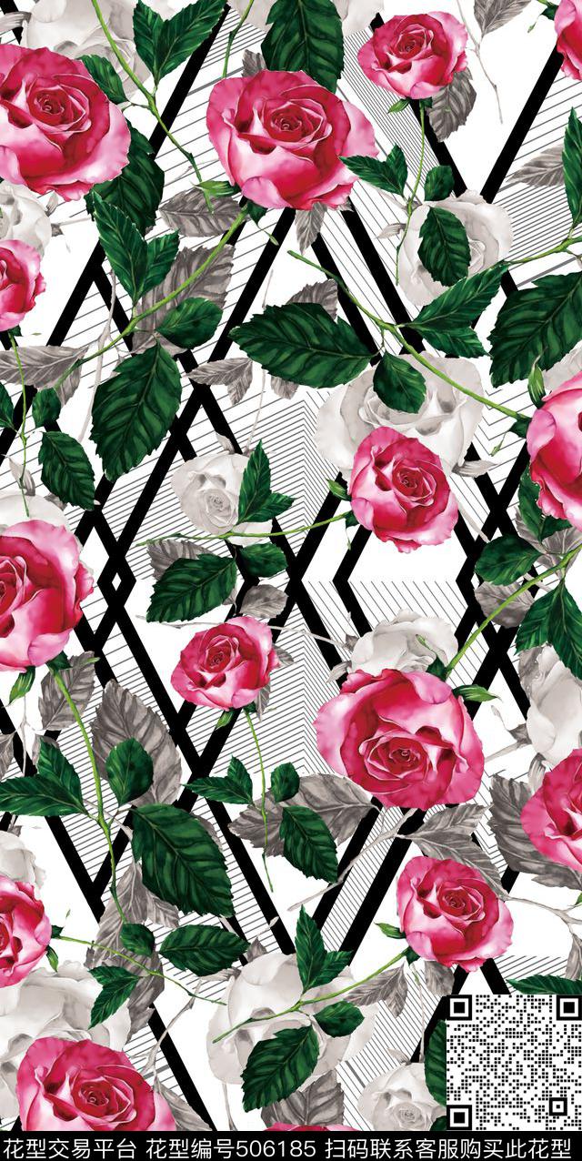 手绘玫瑰花灰红玫瑰花粗细线条组合华亿平台数码印花华亿平台下载（图片编号: 506185） - 瓦栏（Walan）
