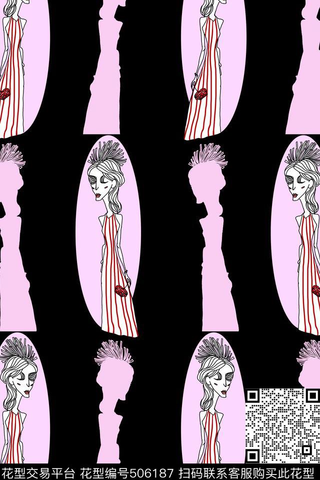 黑底时尚手绘数码印花华亿平台下载（图片编号: 506187） - 瓦栏（Walan）