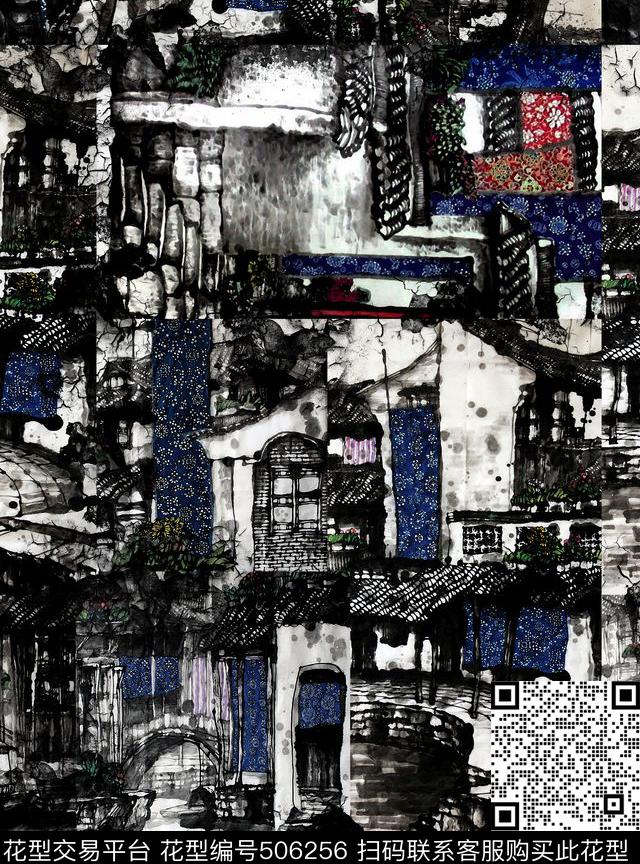 复古中国风高端花蓝布数码印花华亿平台下载（图片编号: 506256） - 瓦栏（Walan）