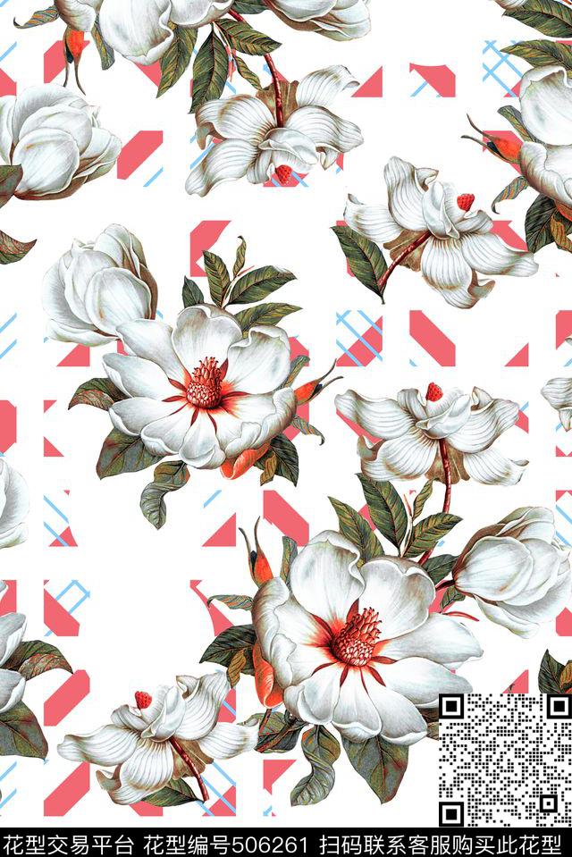 白花格子底纹手绘数码印花华亿平台下载（图片编号: 506261） - 瓦栏（Walan）