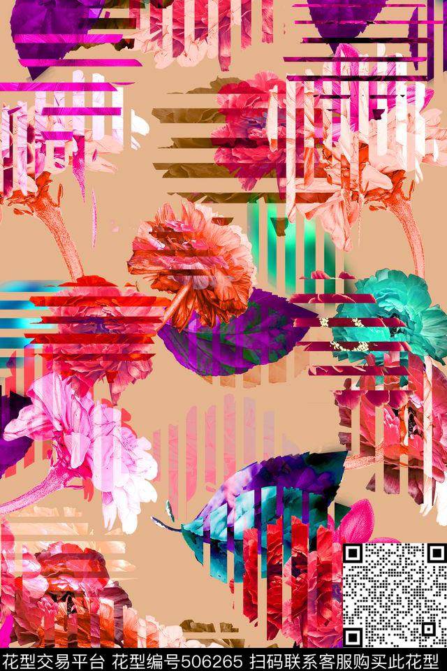 抽象格子花卉数码印花华亿平台下载（图片编号: 506265） - 瓦栏（Walan）