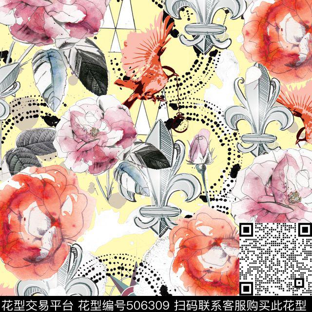 女装潮流时尚大牌手绘水彩花卉数码印花华亿平台下载（图片编号: 506309） - 瓦栏（Walan）