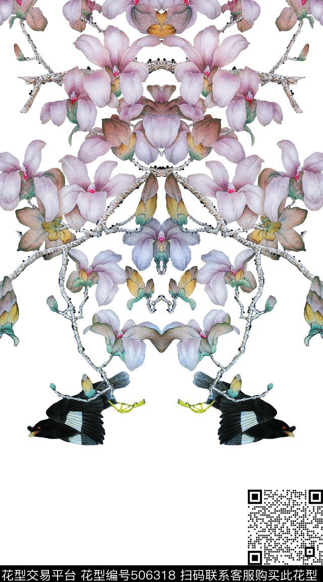 工笔画纪梵希玉兰花数码印花华亿平台下载（图片编号: 506318） - 瓦栏（Walan）