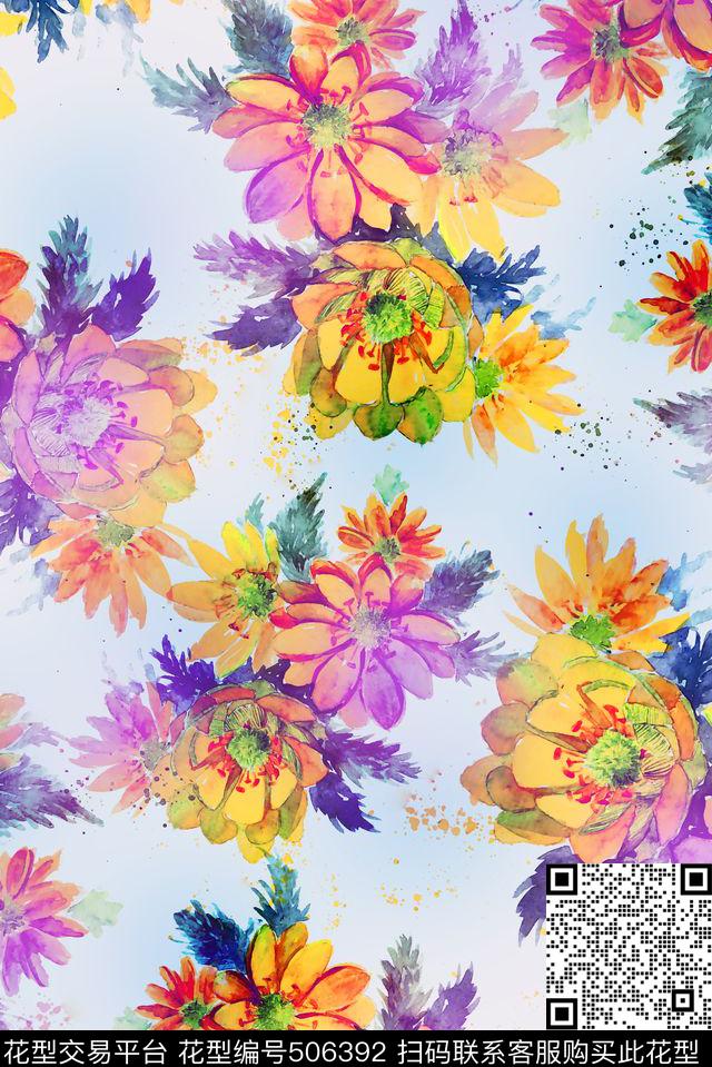 水彩花卉花朵数码印花华亿平台下载（图片编号: 506392） - 瓦栏（Walan）
