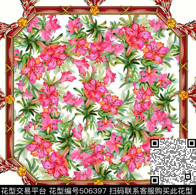 流行休闲方巾-木雕框中国红手绘花方巾世界数码印花华亿平台下载（图片编号: 506397） - 瓦栏（Walan）