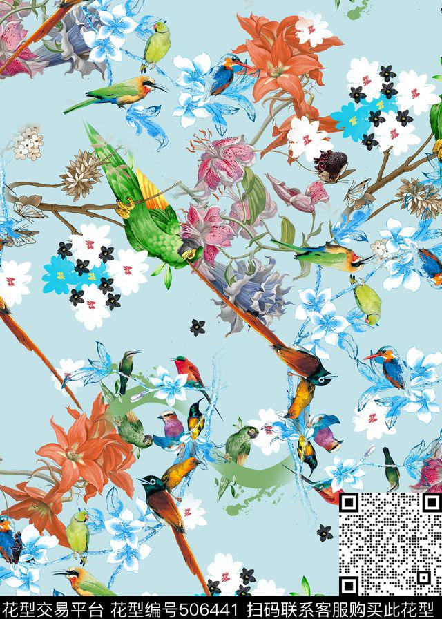 花鸟枝叶绿盈数码印花华亿平台下载（图片编号: 506441） - 瓦栏（Walan）