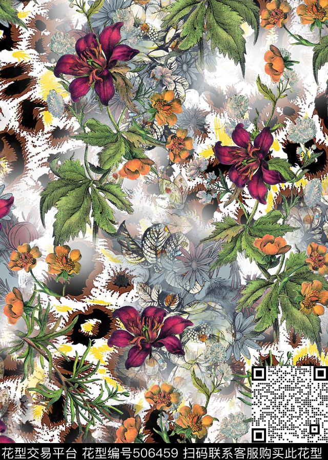 动物纹花卉枝叶数码印花华亿平台下载（图片编号: 506459） - 瓦栏（Walan）