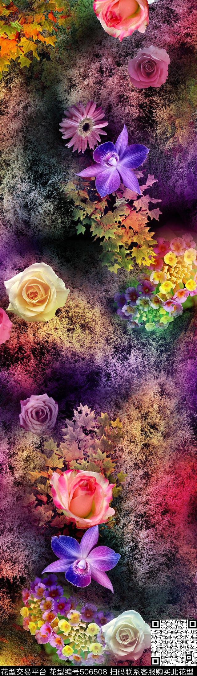 抽象黑底花卉数码印花华亿平台下载（图片编号: 506508） - 瓦栏（Walan）