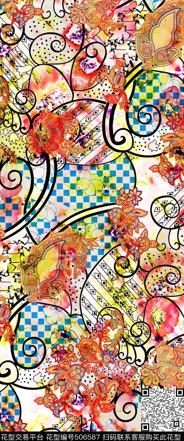 拼贴多彩晕染棋盘格火腿数码印花华亿平台下载（图片编号: 506587） - 瓦栏（Walan）