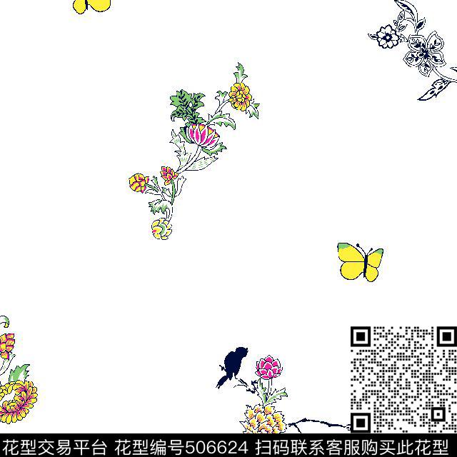 男装华亿平台大牌花鸟树叶树枝传统印花华亿平台下载（图片编号: 506624） - 瓦栏（Walan）