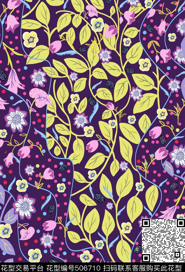 花卉时尚手绘数码印花华亿平台下载（图片编号: 506710） - 瓦栏（Walan）