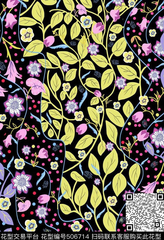 花卉时尚手绘数码印花华亿平台下载（图片编号: 506714） - 瓦栏（Walan）