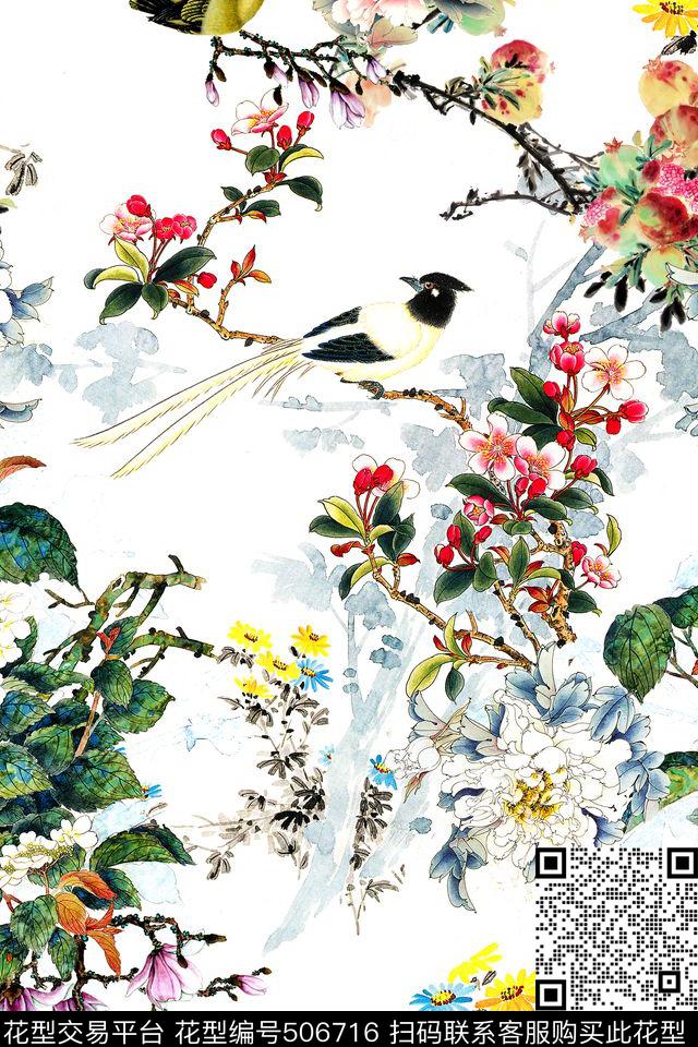 中国风牡丹花国画数码印花华亿平台下载（图片编号: 506716） - 瓦栏（Walan）