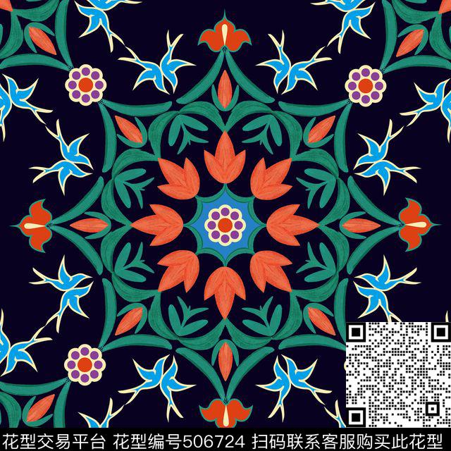 民俗手绘植物花卉传统印花华亿平台下载（图片编号: 506724） - 瓦栏（Walan）