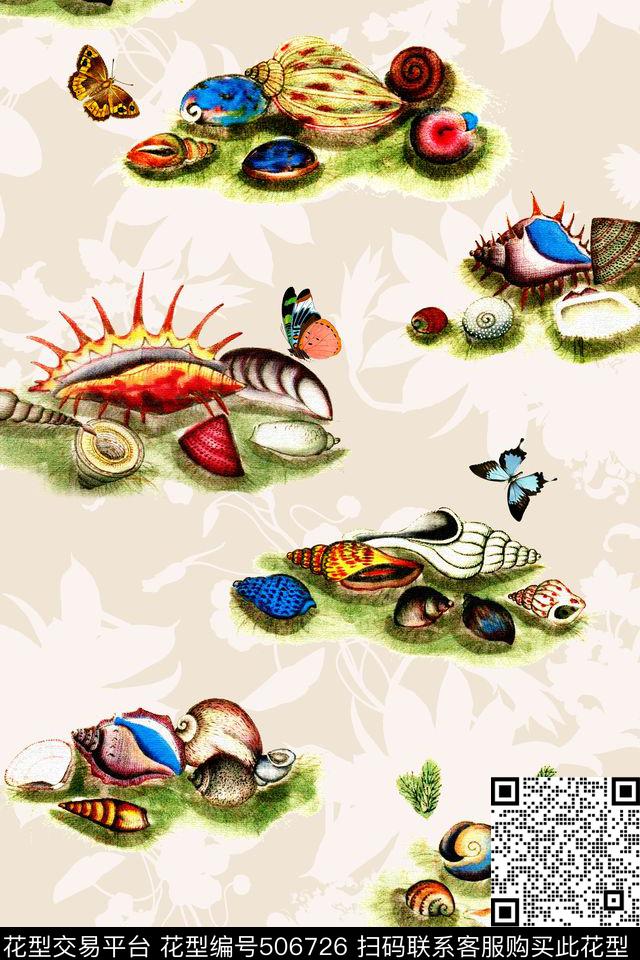 贝壳蝴蝶昆虫数码印花华亿平台下载（图片编号: 506726） - 瓦栏（Walan）