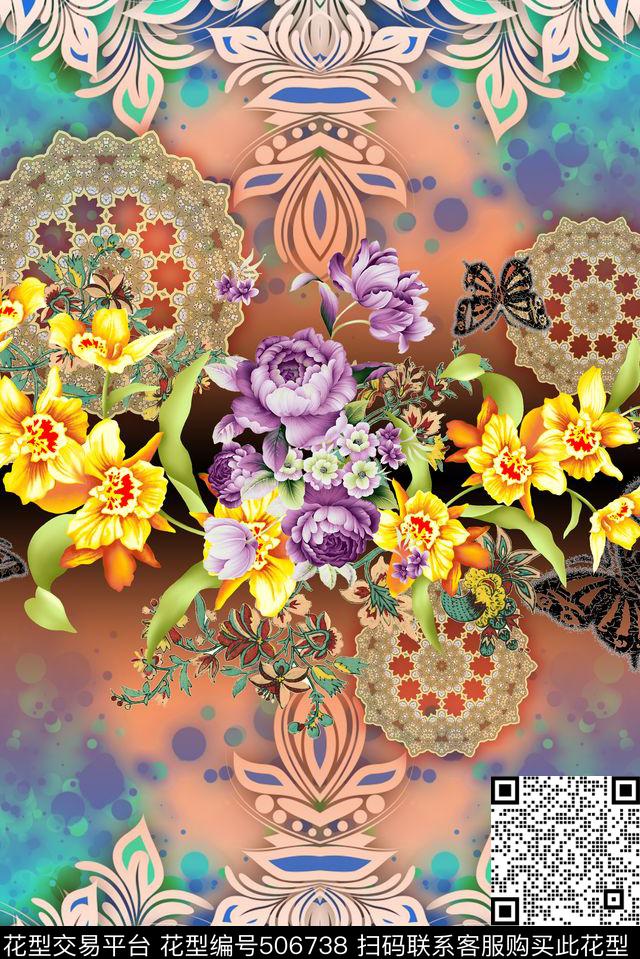 定位花卉几何数码印花华亿平台下载（图片编号: 506738） - 瓦栏（Walan）