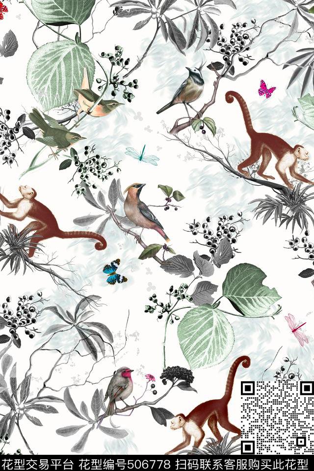 手绘鸟猴子数码印花华亿平台下载（图片编号: 506778） - 瓦栏（Walan）