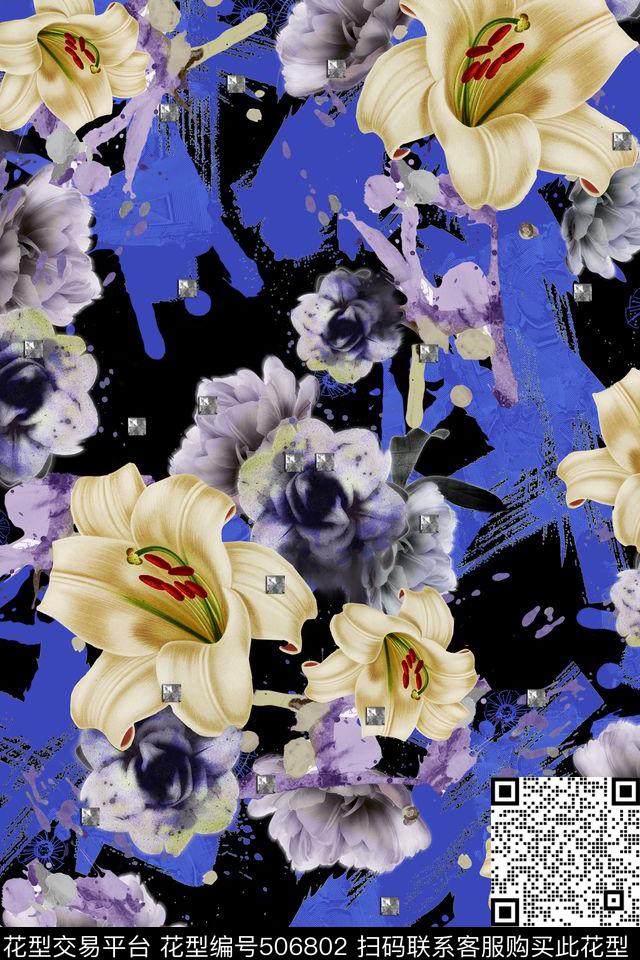 女装潮流时尚大牌手绘水彩花卉数码印花华亿平台下载（图片编号: 506802） - 瓦栏（Walan）