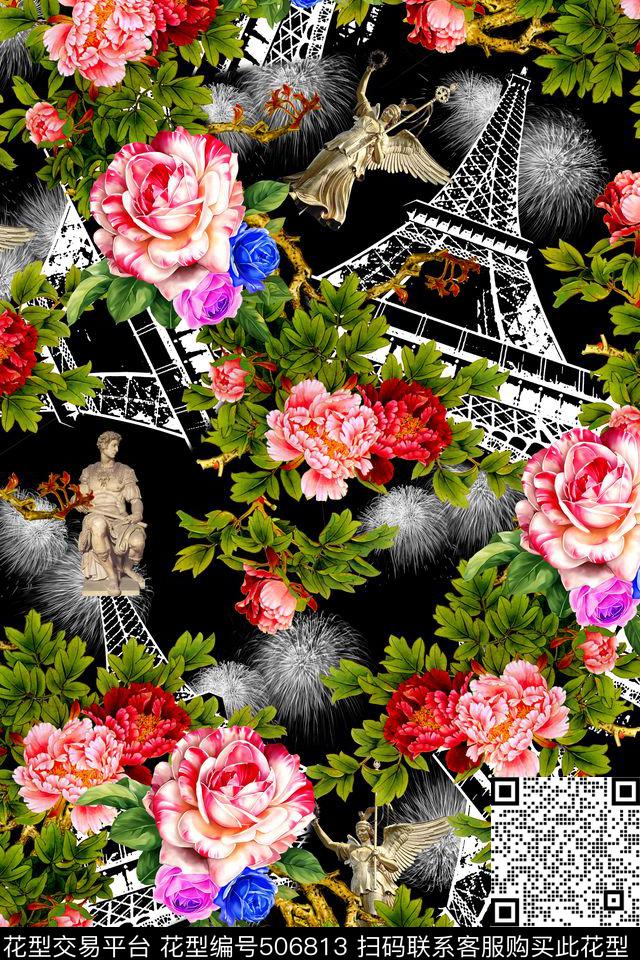 女装潮流时尚大牌手绘花卉牡丹数码印花华亿平台下载（图片编号: 506813） - 瓦栏（Walan）