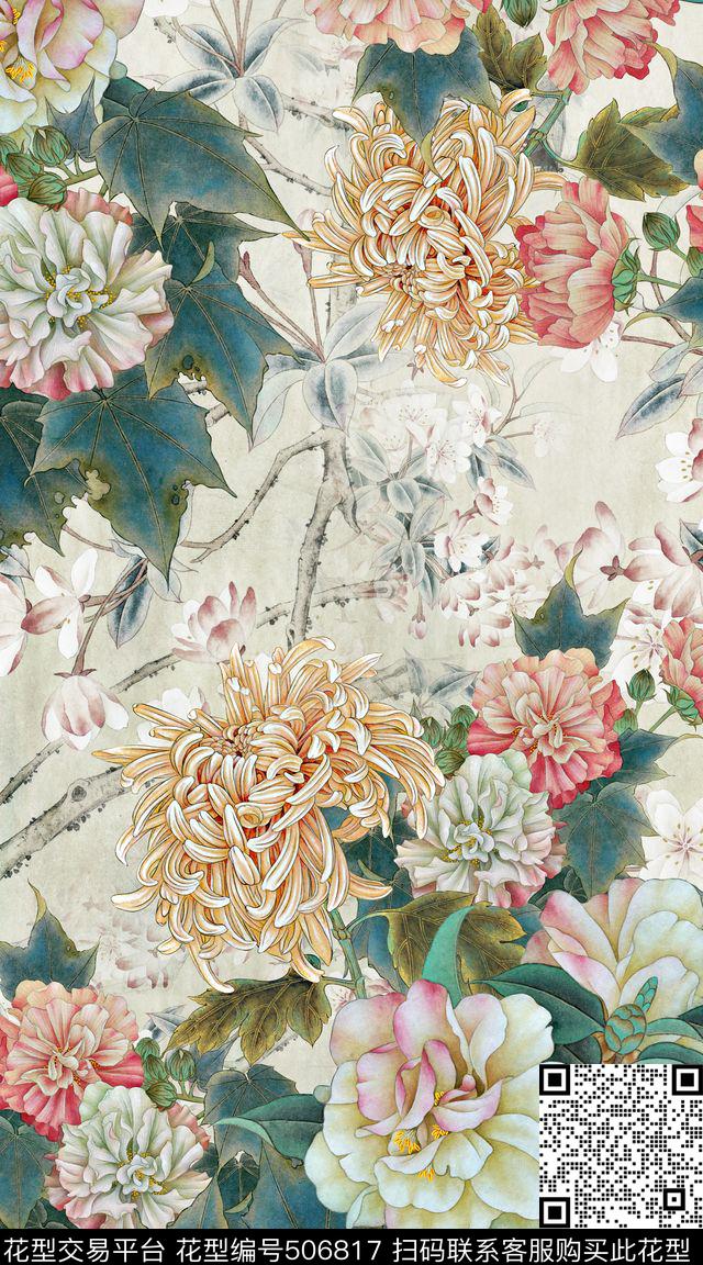 中国风国画工笔数码印花华亿平台下载（图片编号: 506817） - 瓦栏（Walan）