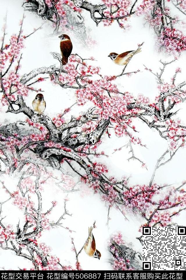 国画梅花丝绸华亿平台素雅旗袍花数码印花华亿平台下载（图片编号: 506887） - 瓦栏（Walan）