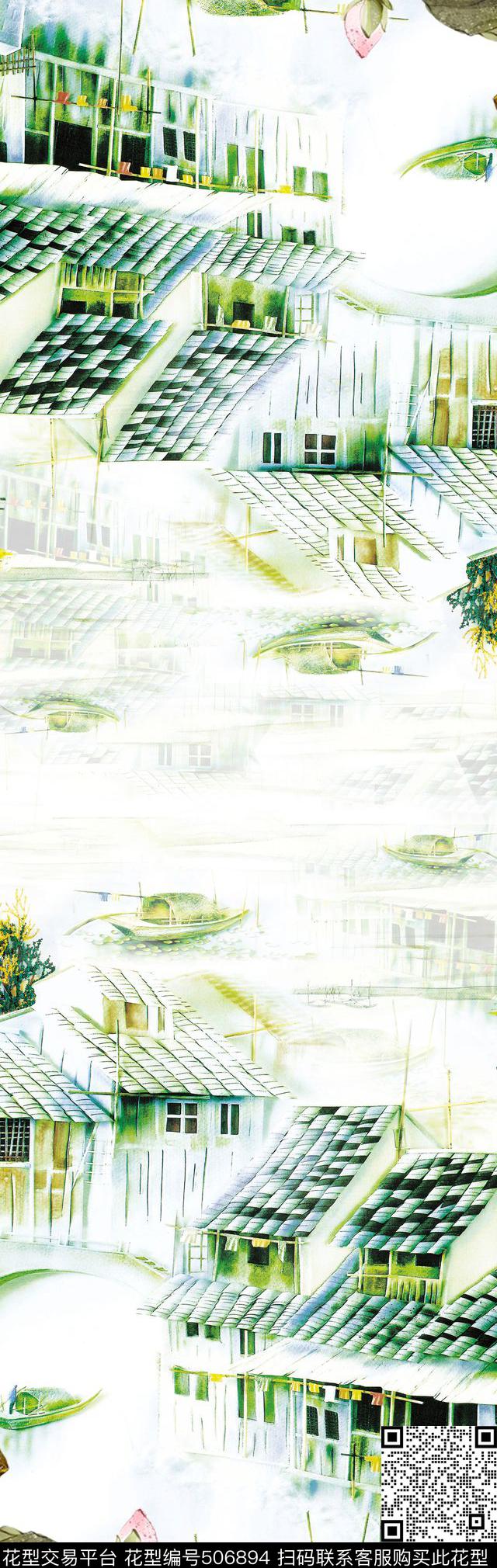 数码定位水墨荷花围巾数码印花华亿平台下载（图片编号: 506894） - 瓦栏（Walan）