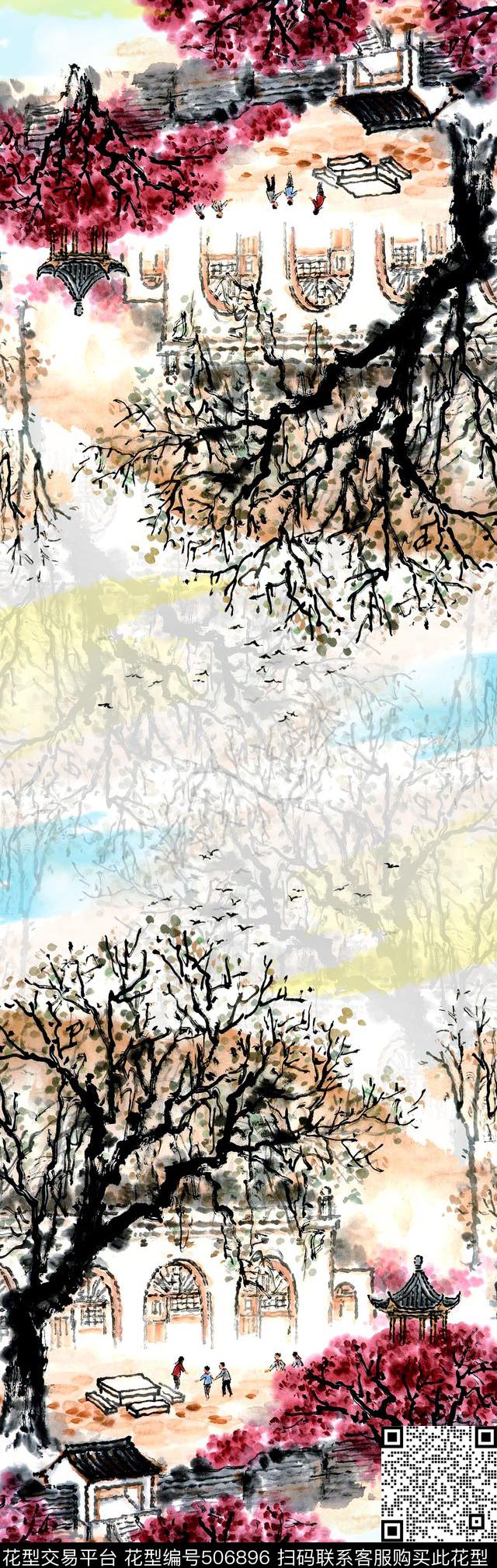 数码定位水墨风景围巾数码印花华亿平台下载（图片编号: 506896） - 瓦栏（Walan）