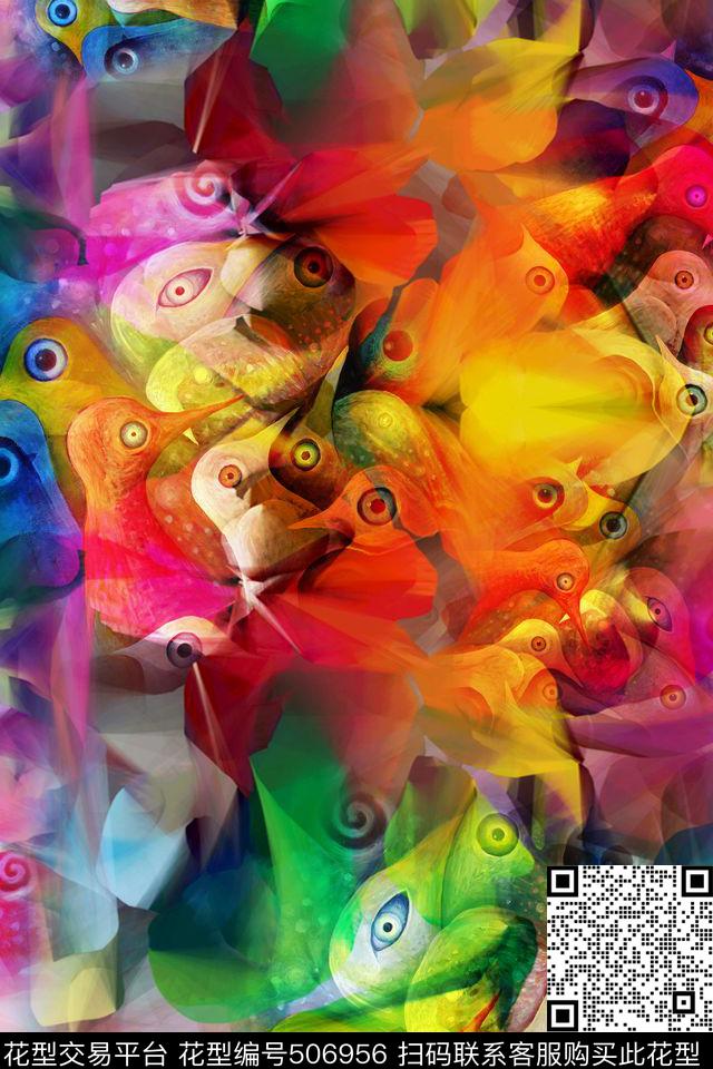 彩色抽象鸟儿数码印花华亿平台下载（图片编号: 506956） - 瓦栏（Walan）
