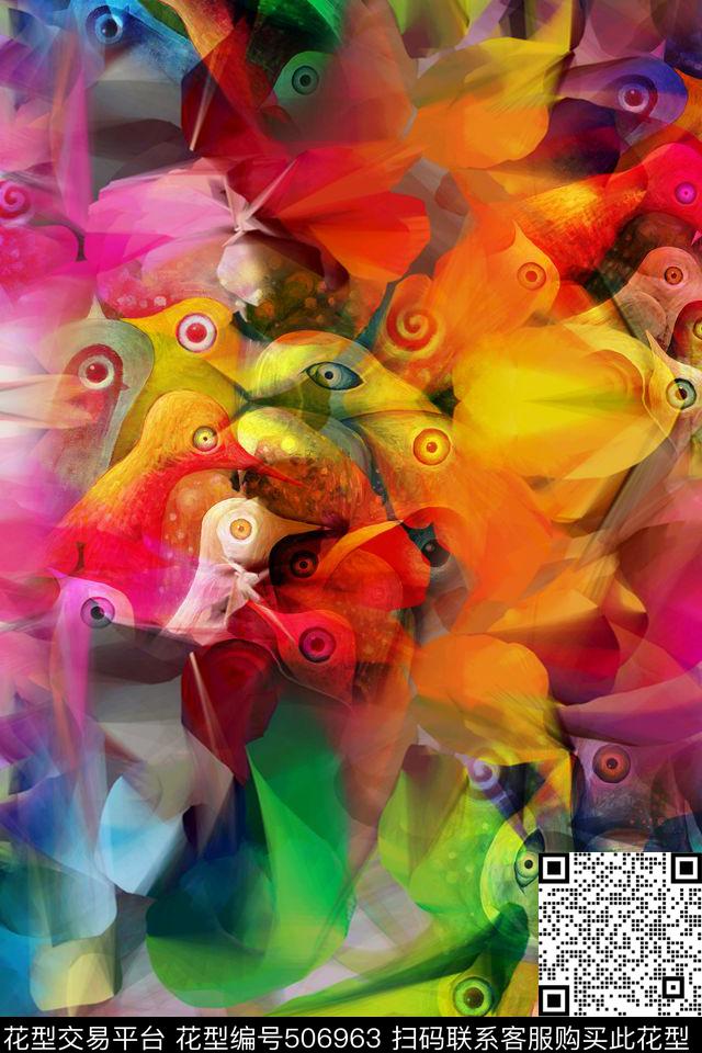 彩色抽象鸟儿数码印花华亿平台下载（图片编号: 506963） - 瓦栏（Walan）