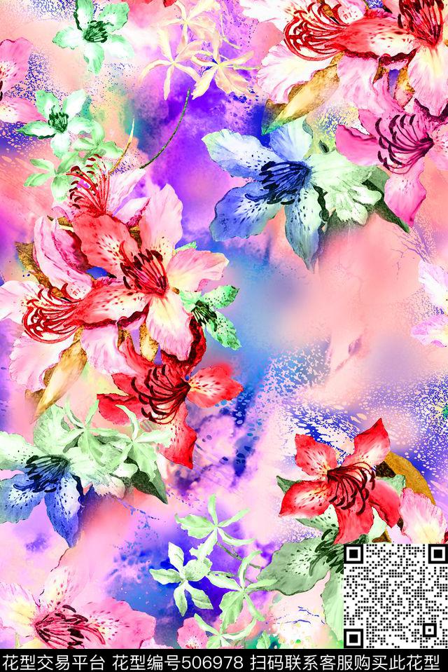 花卉炫彩满版散花数码印花华亿平台下载（图片编号: 506978） - 瓦栏（Walan）