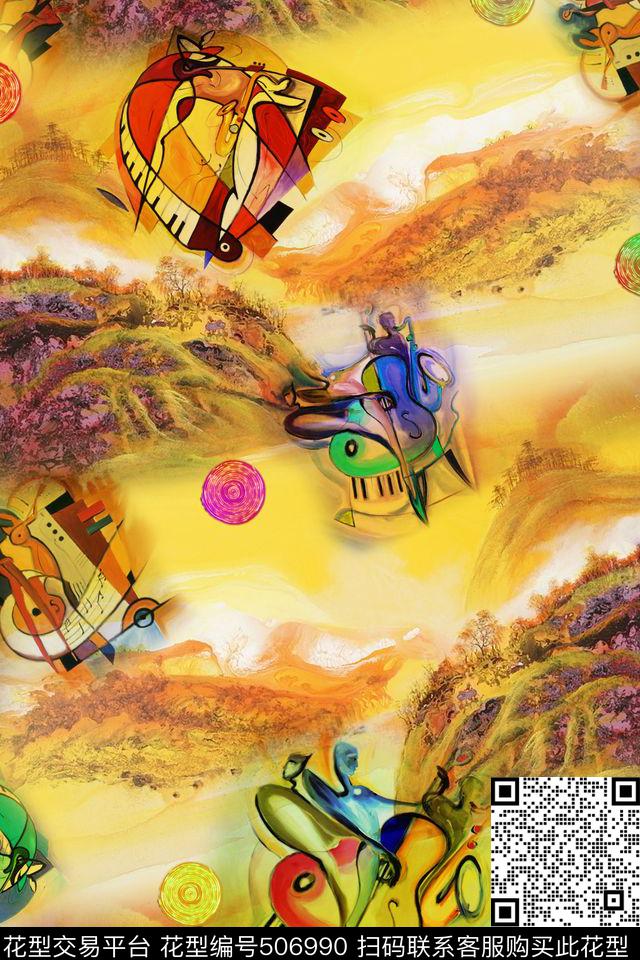 抽象创意山水画民族风元素数码印花华亿平台下载（图片编号: 506990） - 瓦栏（Walan）