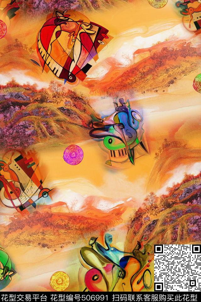 抽象创意山水画民族风元素数码印花华亿平台下载（图片编号: 506991） - 瓦栏（Walan）