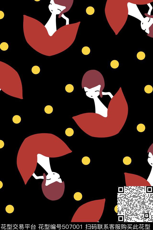 卡通女孩点子传统印花华亿平台下载（图片编号: 507001） - 瓦栏（Walan）