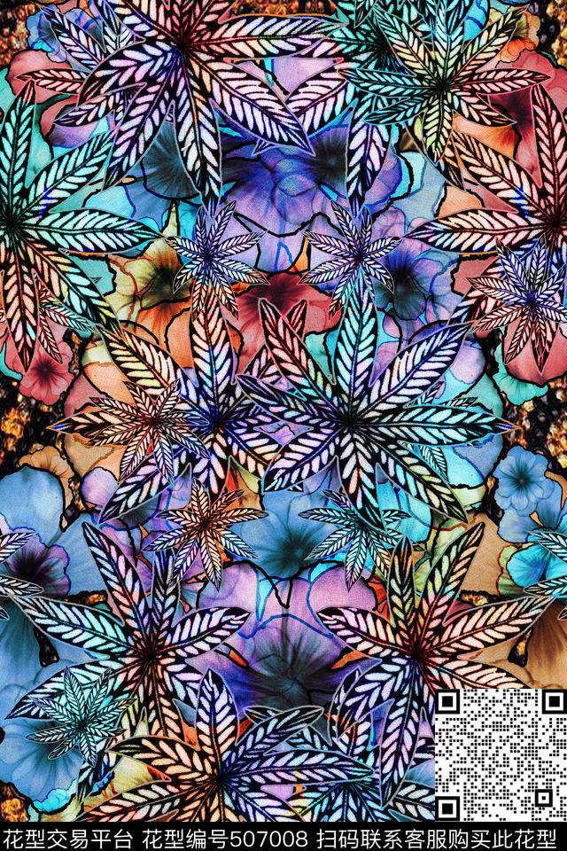 蛇纹底定位花卉组民族风复古系列数码印花华亿平台下载（图片编号: 507008） - 瓦栏（Walan）