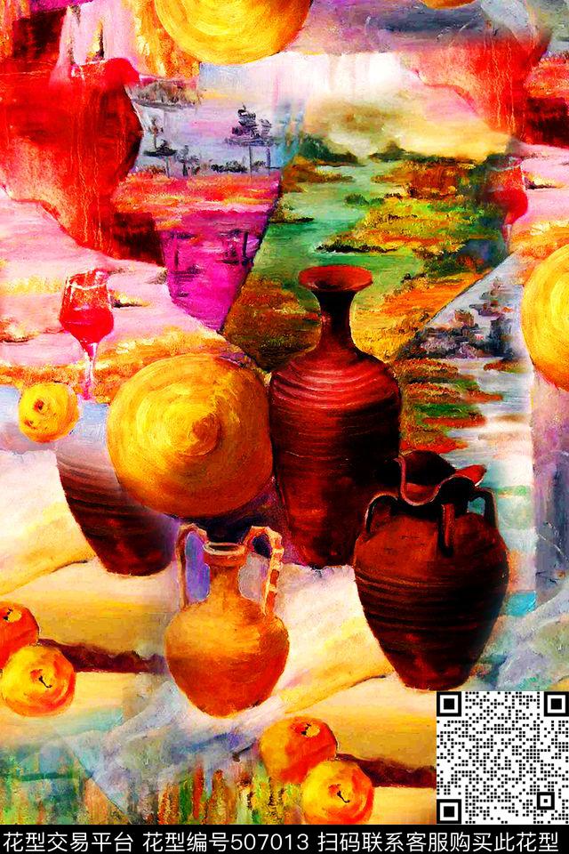 复古抽象油画数码印花华亿平台下载（图片编号: 507013） - 瓦栏（Walan）
