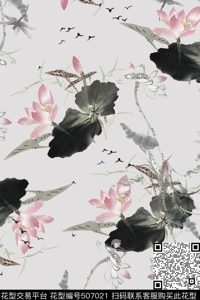 时尚工笔水墨数码印花华亿平台下载（图片编号: 507021） - 瓦栏（Walan）