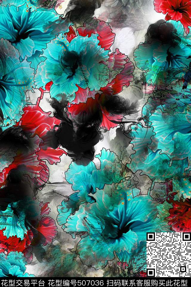大花卉镶嵌民族风复古中国风水墨画数码印花华亿平台下载（图片编号: 507036） - 瓦栏（Walan）