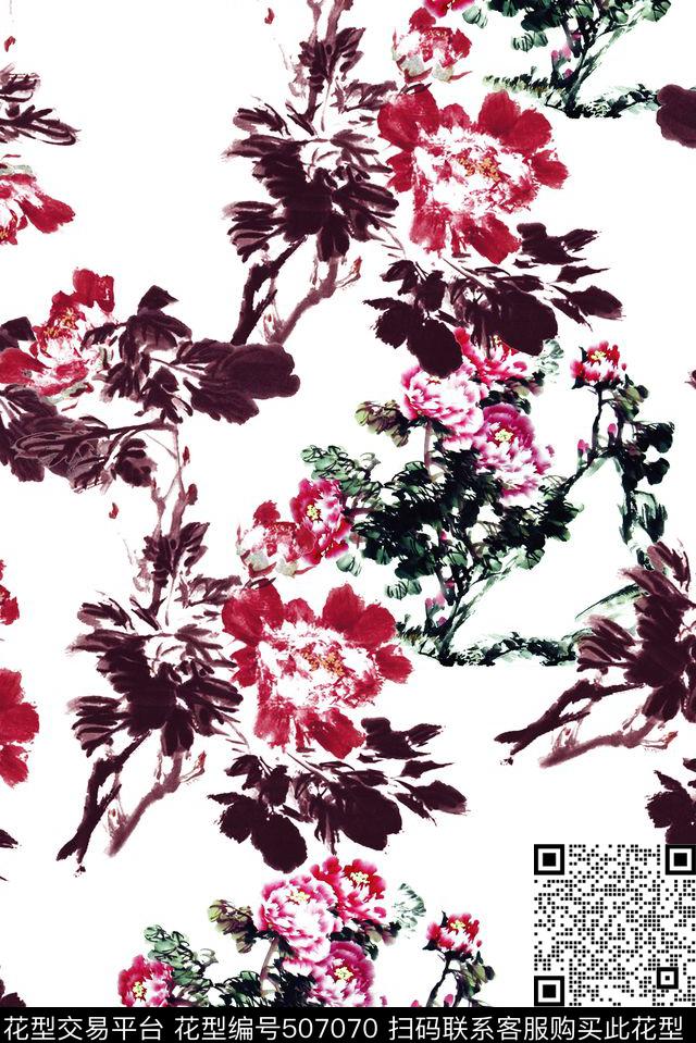 时尚工笔水墨数码印花华亿平台下载（图片编号: 507070） - 瓦栏（Walan）