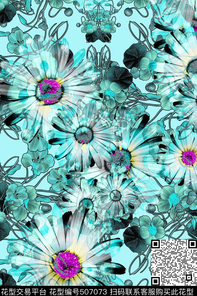 菊花清新自然田园民族风欧美风休闲数码印花华亿平台下载（图片编号: 507073） - 瓦栏（Walan）