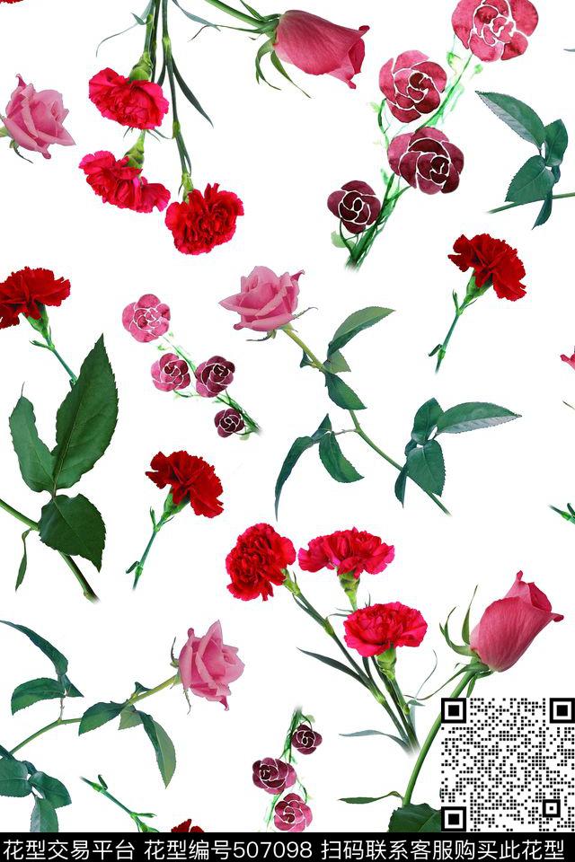 清新玫瑰康乃馨数码印花华亿平台下载（图片编号: 507098） - 瓦栏（Walan）