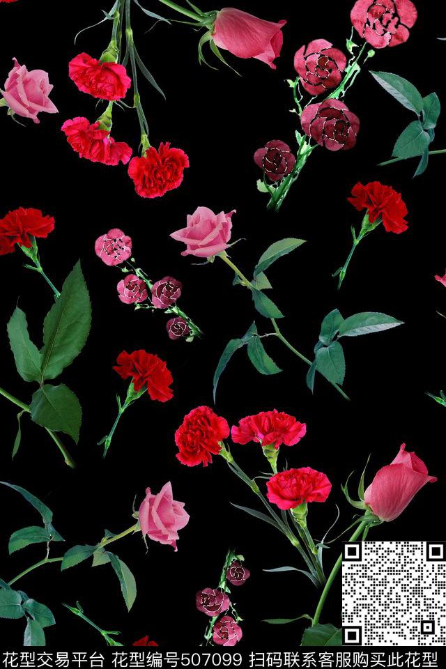 清新玫瑰康乃馨数码印花华亿平台下载（图片编号: 507099） - 瓦栏（Walan）