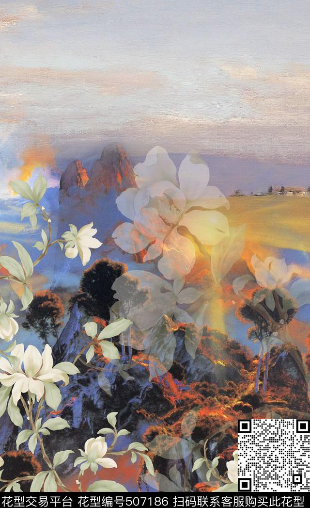 潮流时尚定位旗袍山水花卉数码印花华亿平台下载（图片编号: 507186） - 瓦栏（Walan）