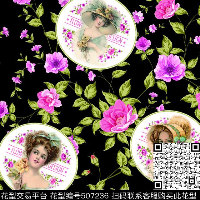 复古人物花数码印花华亿平台下载（图片编号: 507236） - 瓦栏（Walan）