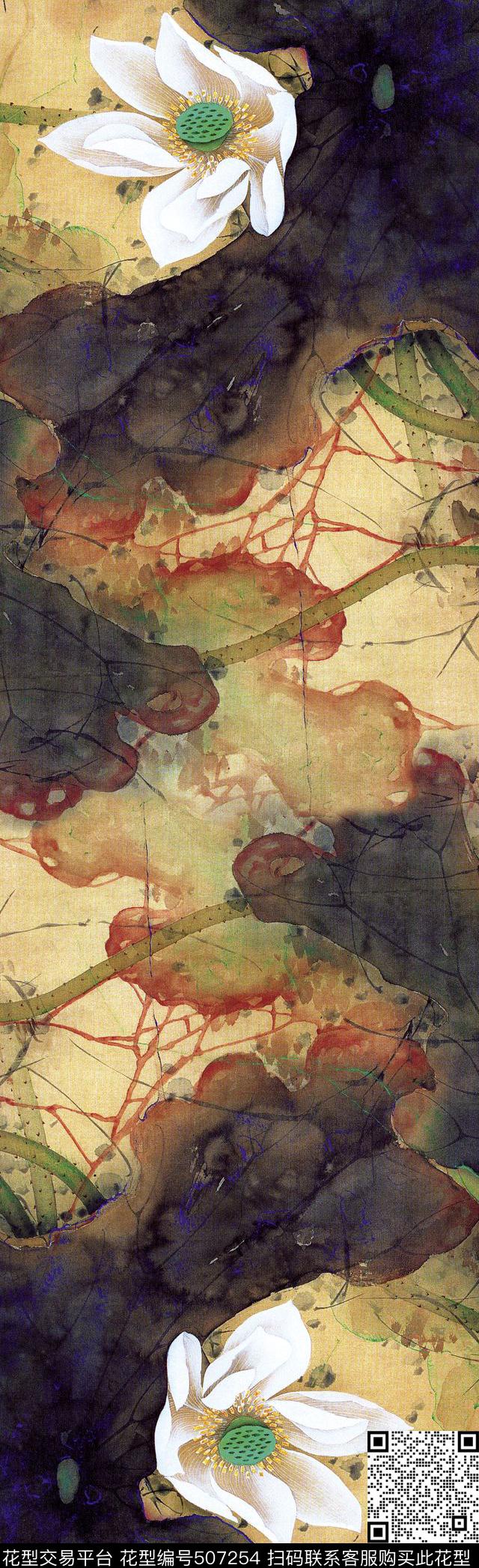 工笔荷花花卉数码印花华亿平台下载（图片编号: 507254） - 瓦栏（Walan）