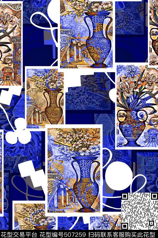 复古手绘花瓶几何数码印花华亿平台下载（图片编号: 507259） - 瓦栏（Walan）